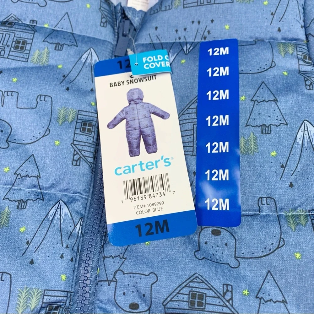 Carter's baby printed snowsuits one piece hooded fleece lining in‎ blue